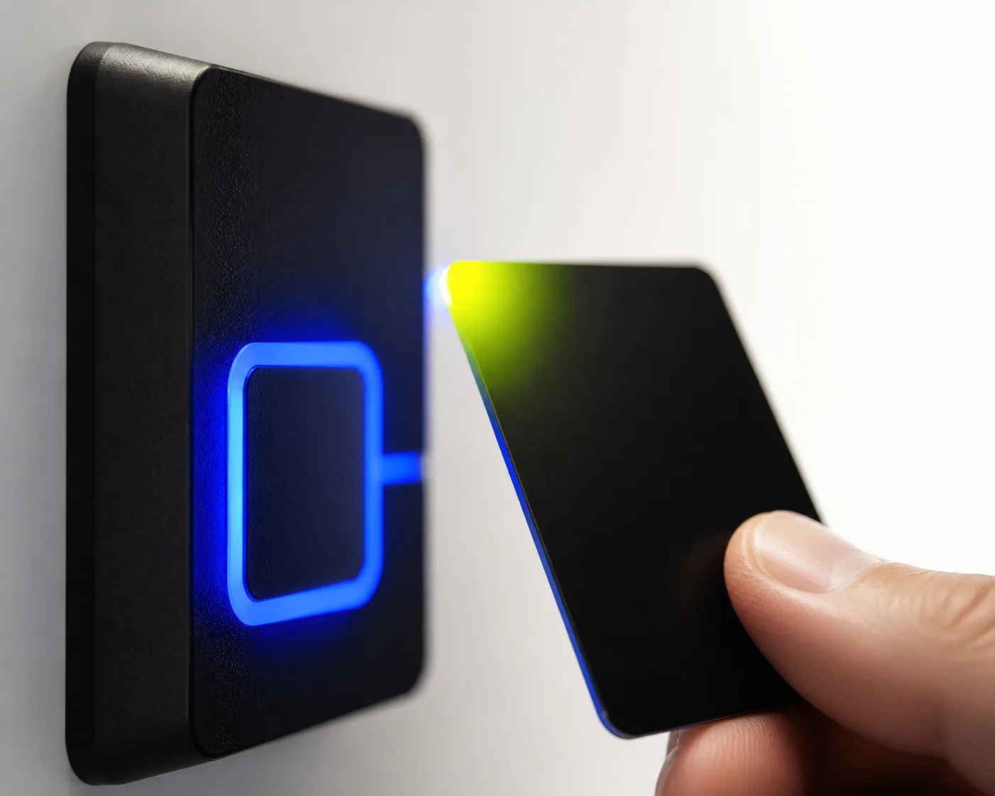 Hand holding an access card near a glowing black reader.