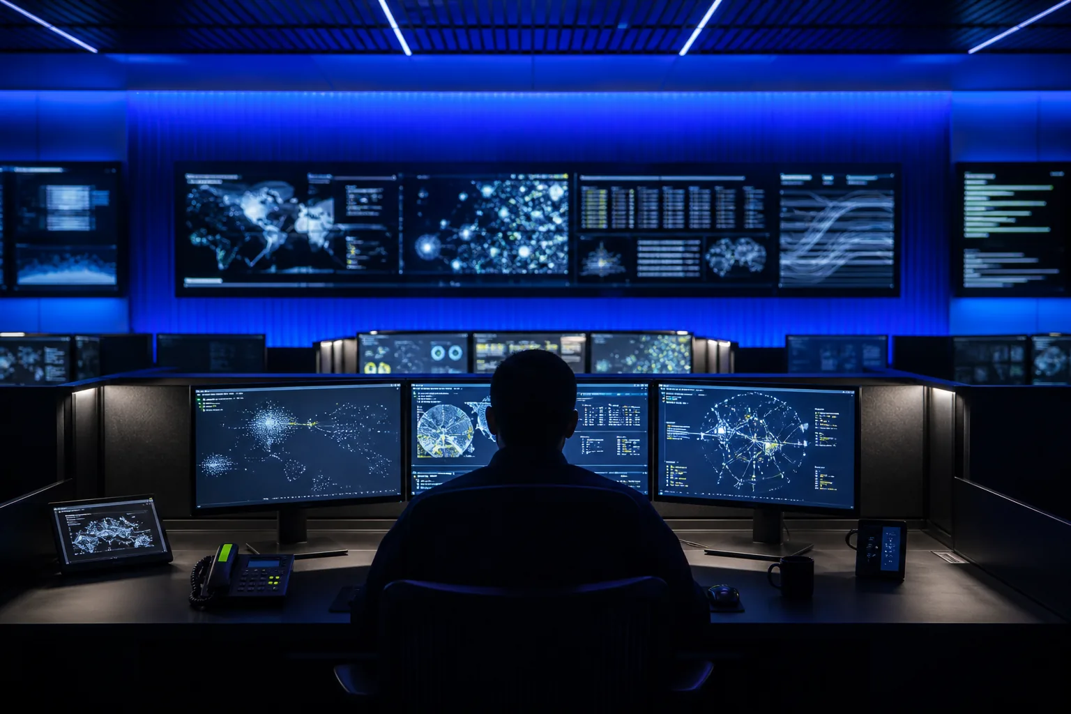 Silhouetted operator in a blue-lit security operations room.