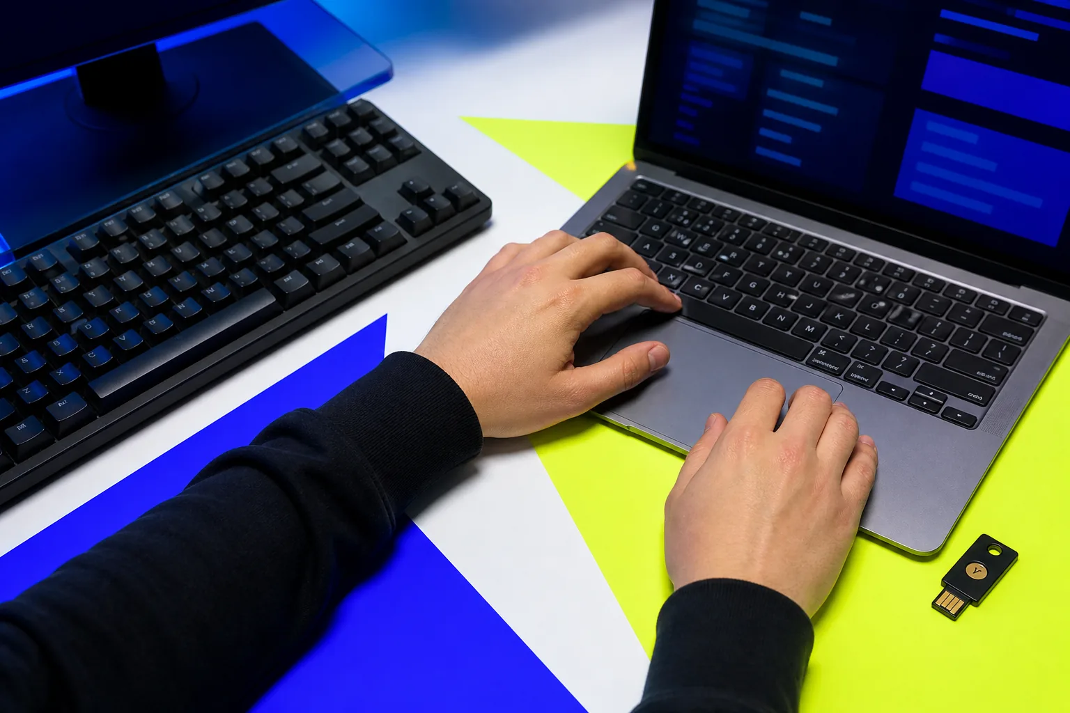 Developer using a laptop and security key at a graphic blue and lime desk.